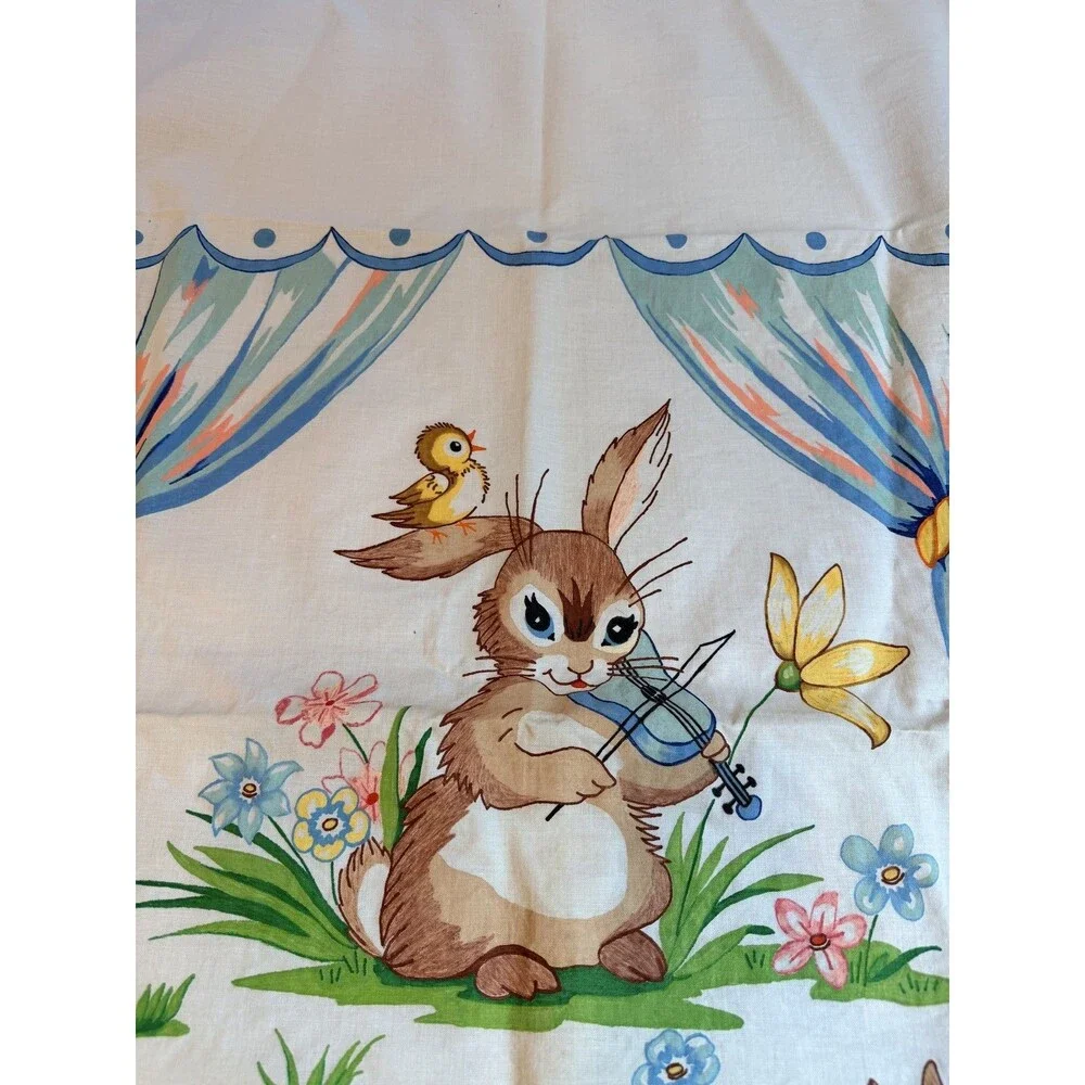 Vintage Style Bunny Rabbit Quilt Top Panel Playing Violin Linen Cotton Blanket